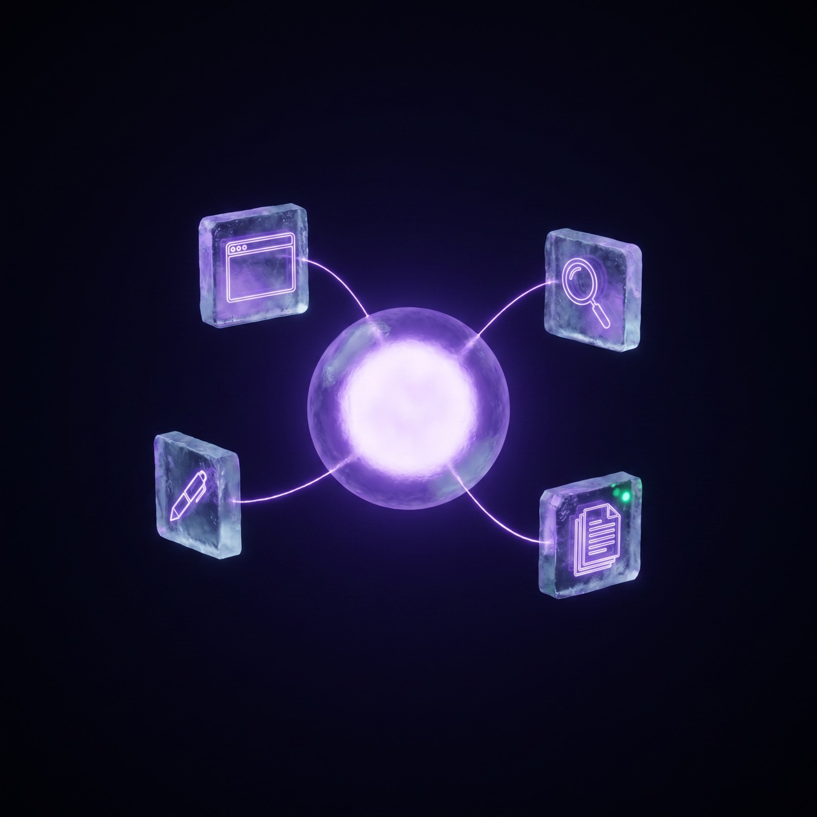 A glowing violet orb floating in darkness, orbited by ice tool tiles — browser, search, pen, document