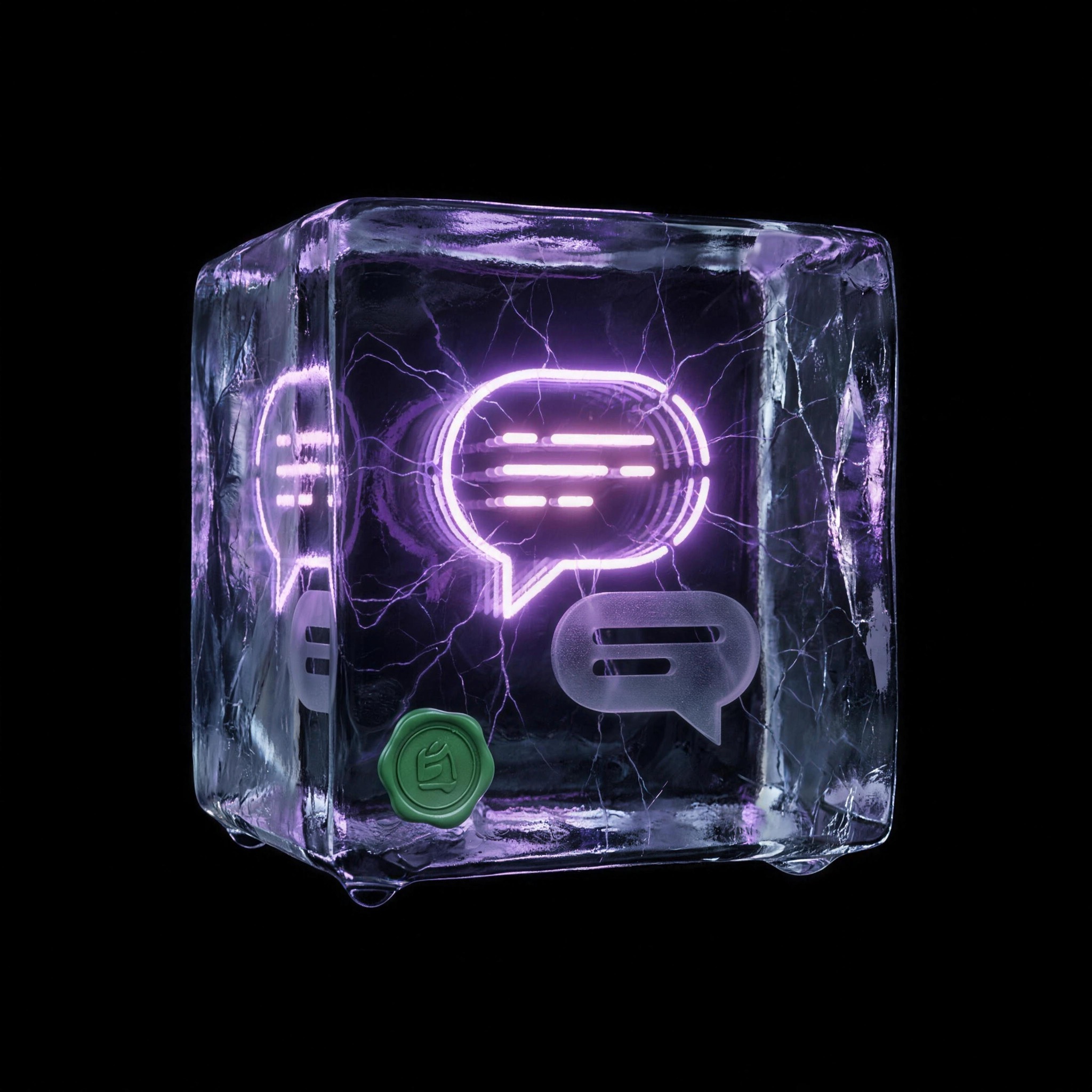 A chat bubble preserved alive inside a clear glacier ice cube like amber, still glowing violet, dormant threads frozen on the side faces
