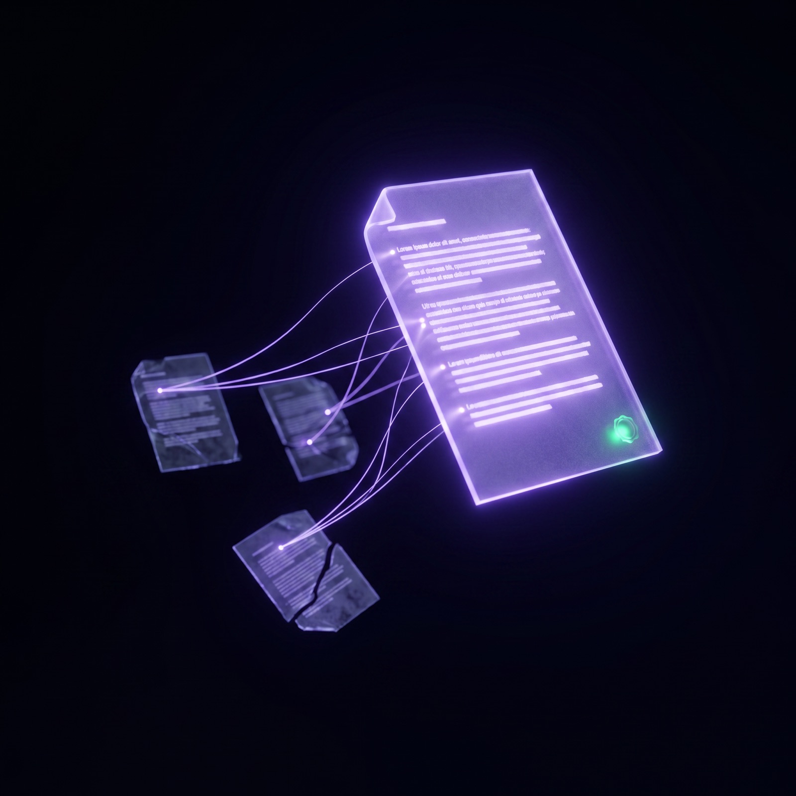 A finished glowing document floating in darkness, violet citation threads tracing its lines back to source documents