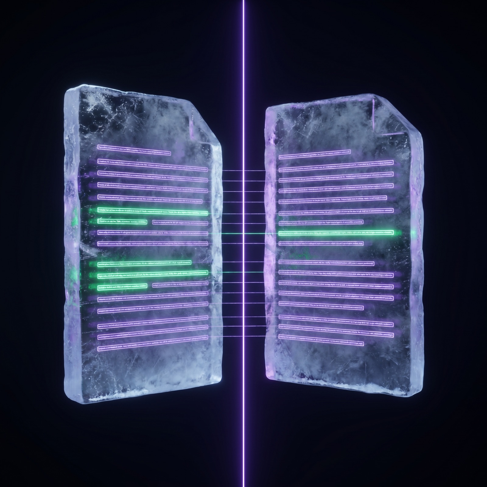 Two ice document slabs floating side by side in darkness, split by a violet beam, winning rows glowing green