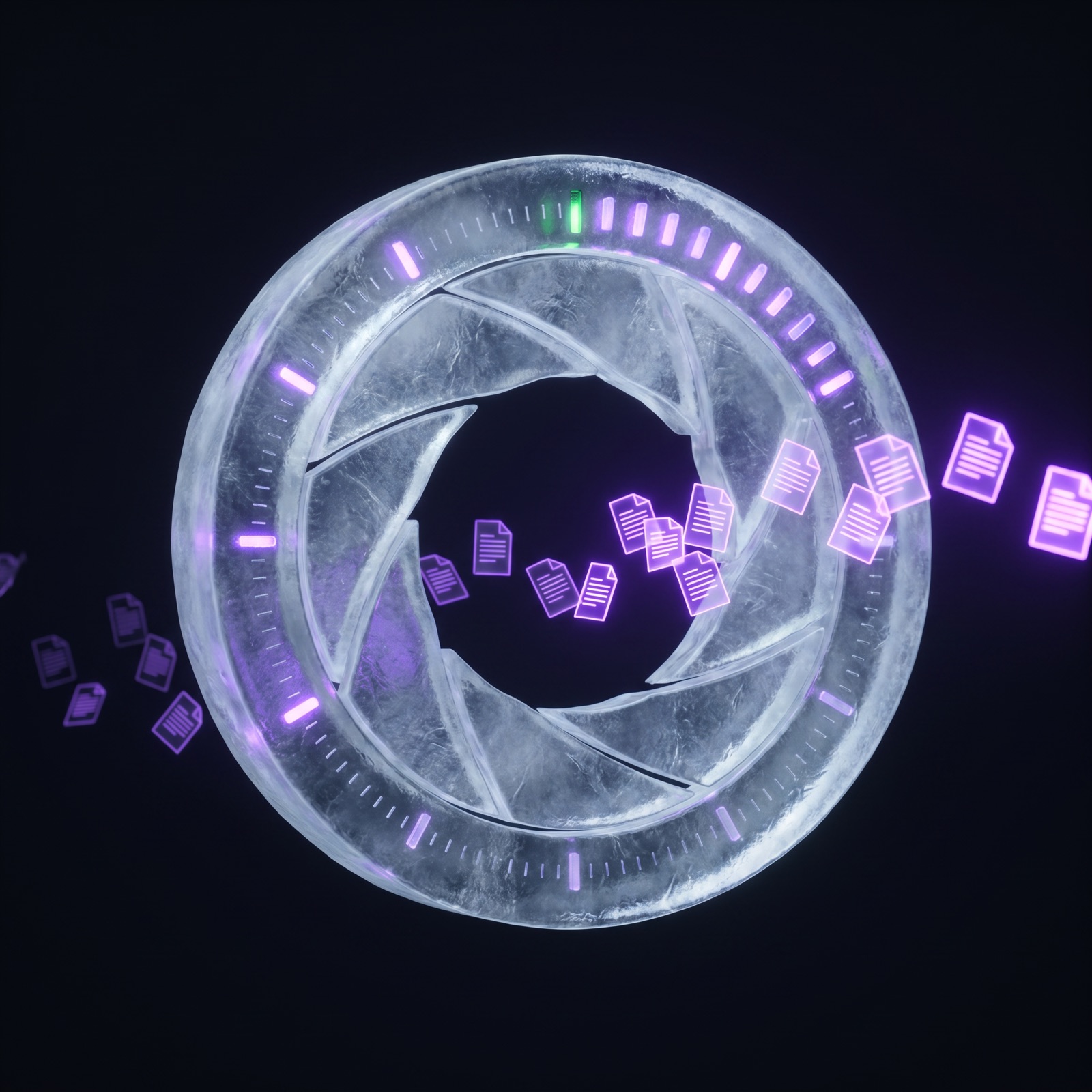 An ice aperture ring floating in darkness, documents streaming through its open center while others wait outside
