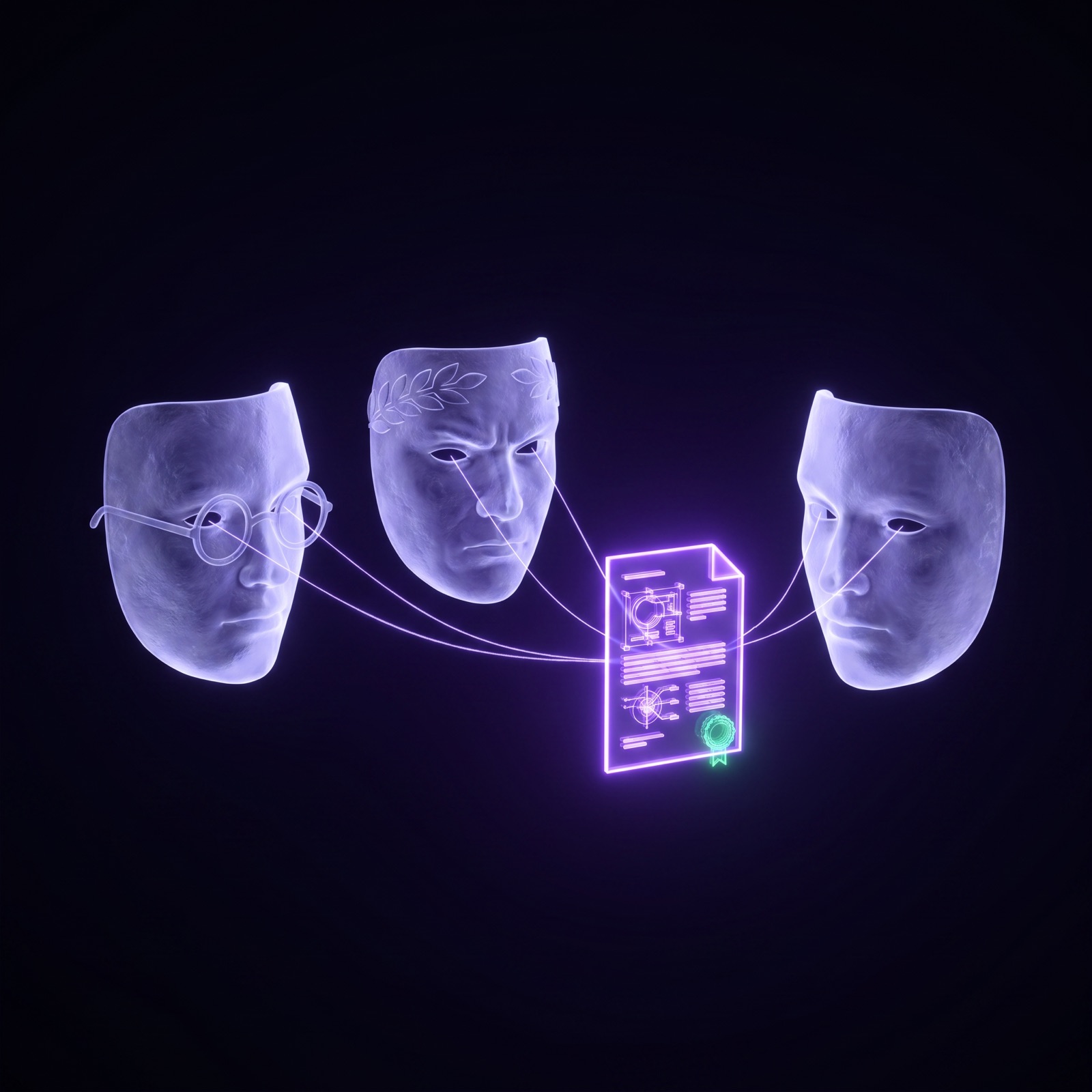 Three ice theatre masks floating in darkness, all reading the same glowing document through violet threads