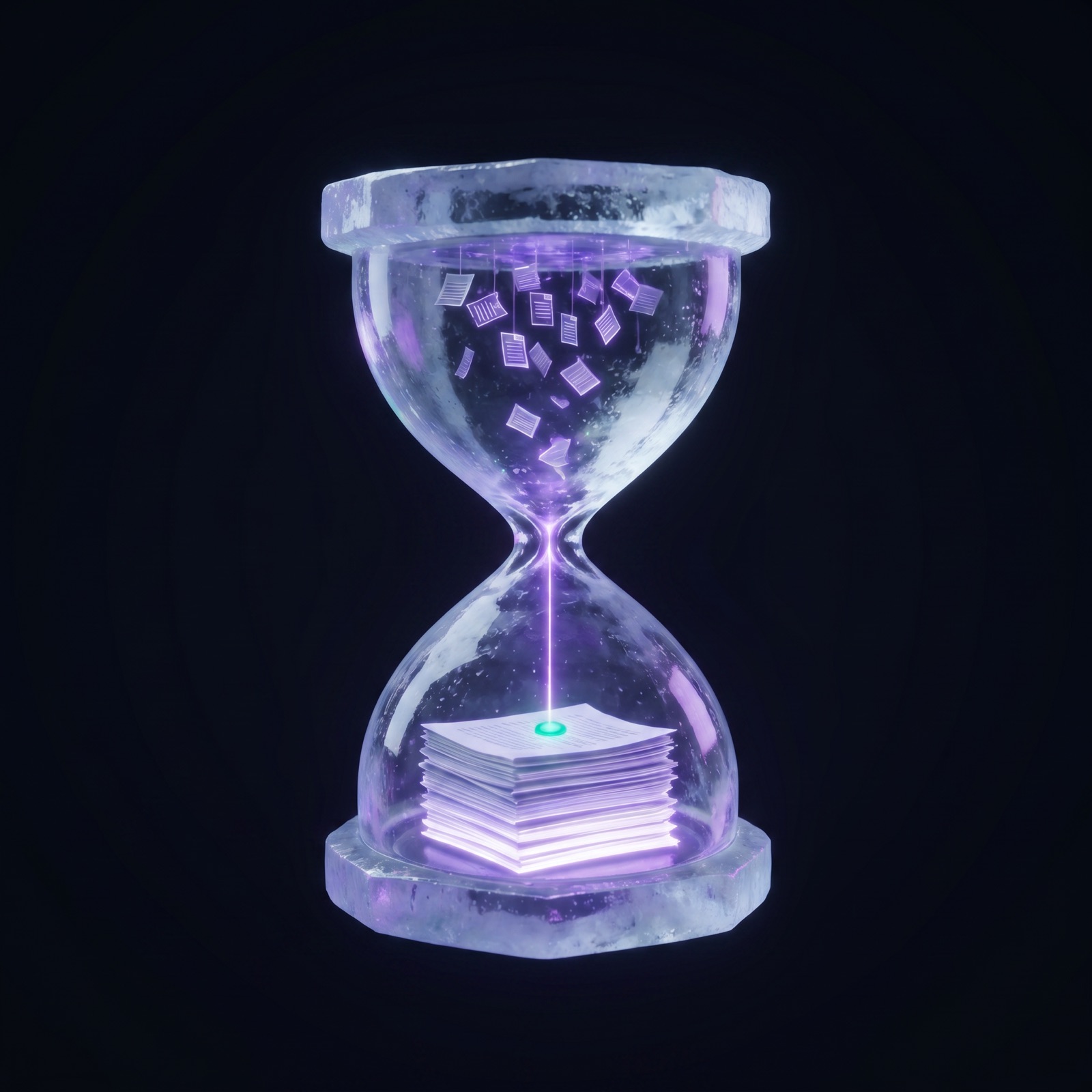 An ice hourglass floating in darkness — documents falling through and settling into one finished, sealed stack