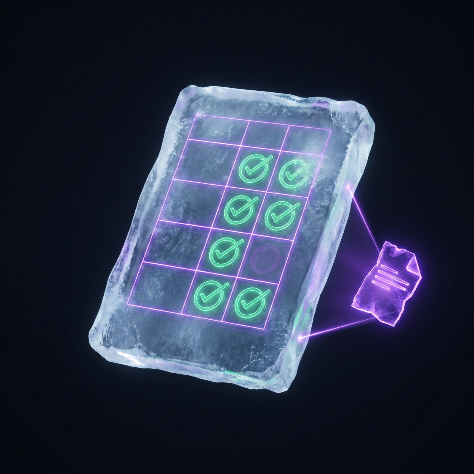 An ice rubric tablet floating in darkness, criteria rows carrying green check seals as a document is scanned