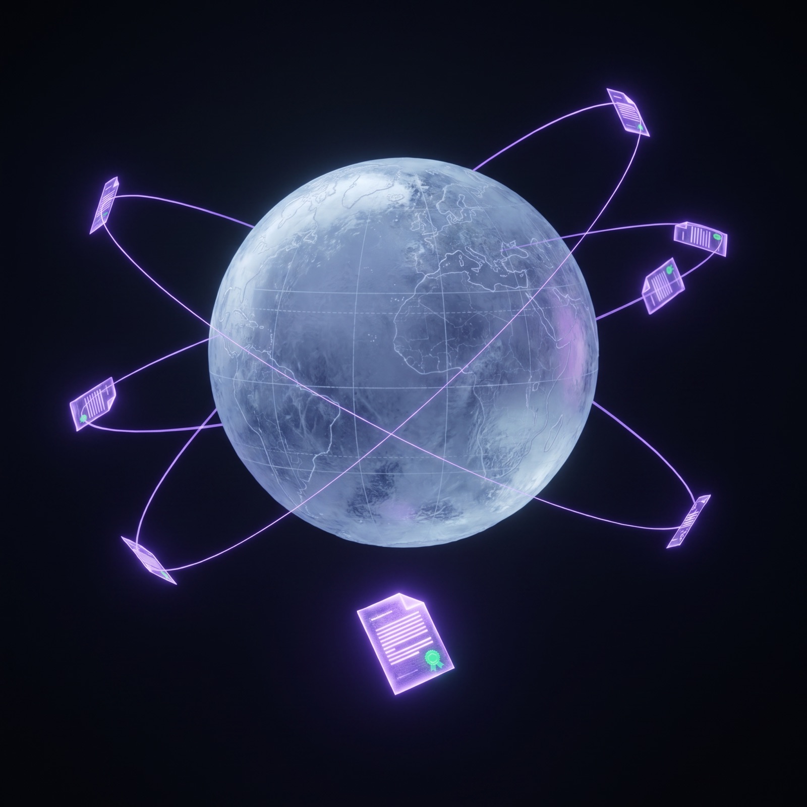 A frosted ice globe floating in darkness, pulling in glowing documents along violet threads