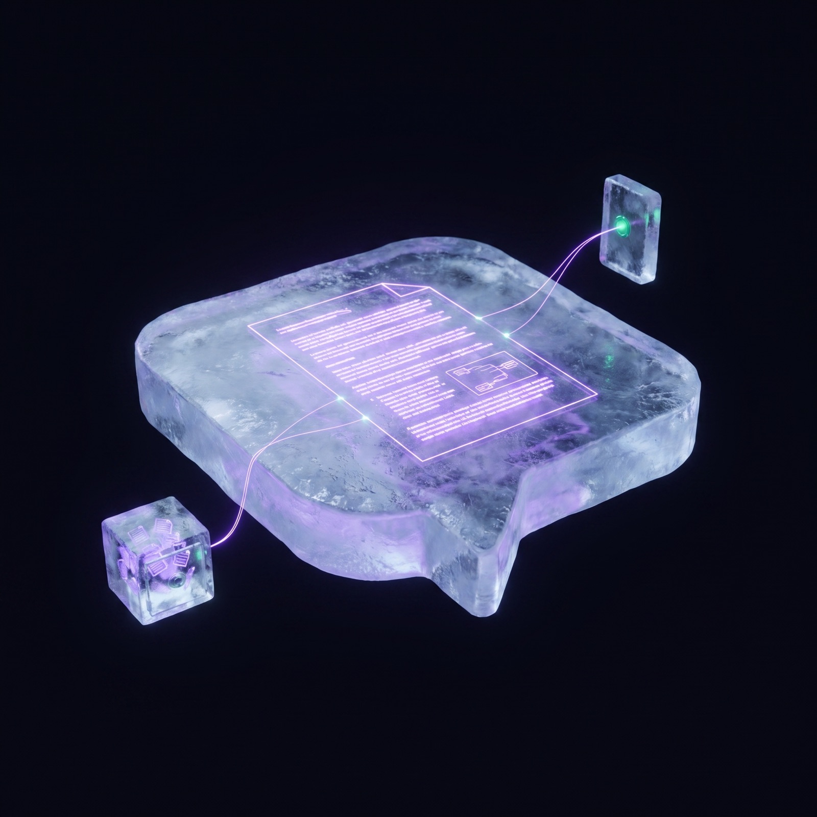 An ice speech bubble lying flat like a workbench, a document being assembled on it from a knowledge vault and a topic tablet