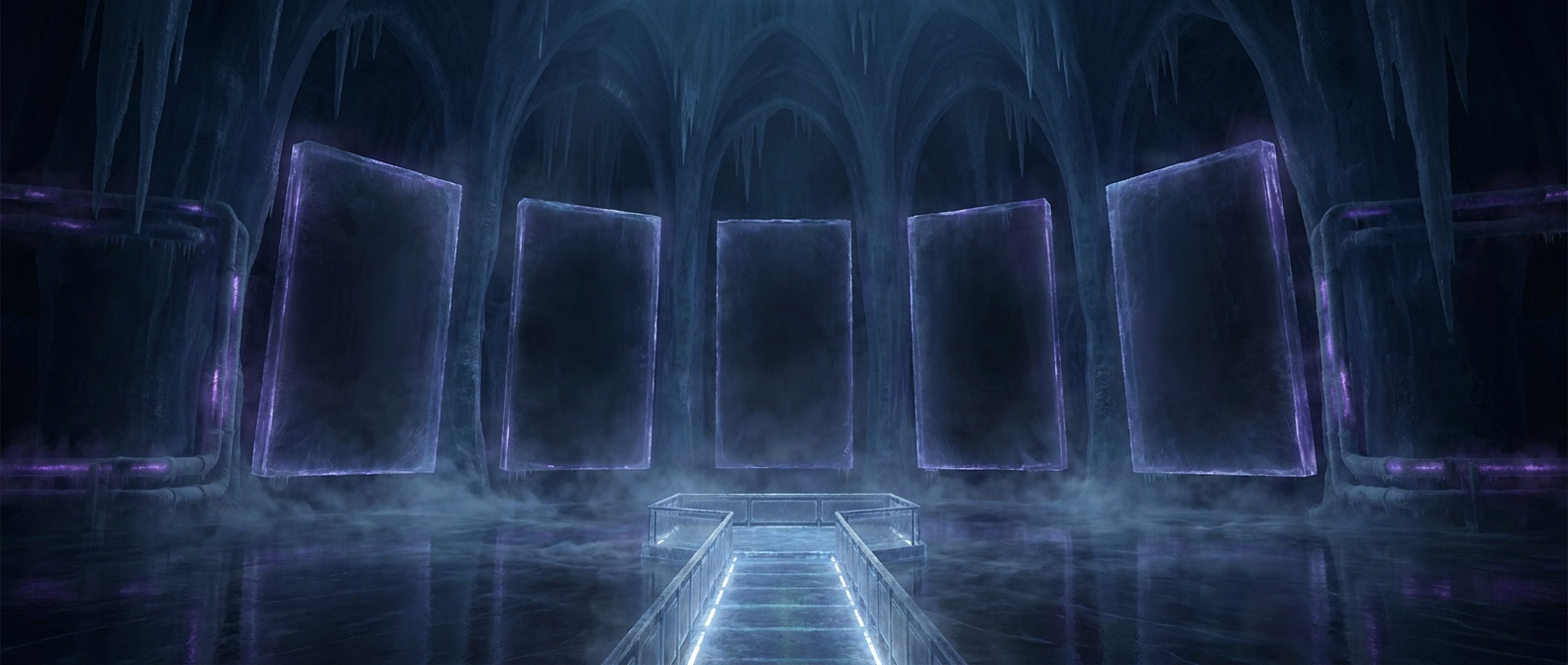 A vault of dark ice — five vast crystalline screens curved around a viewing platform