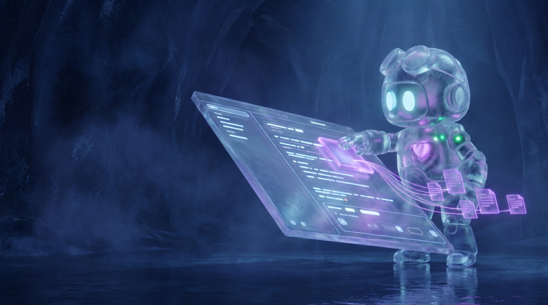 The Om-E ice robot leaning over a giant floating chat window tilted like a workbench, guiding a glowing source tablet into the conversation while document slabs queue beside it