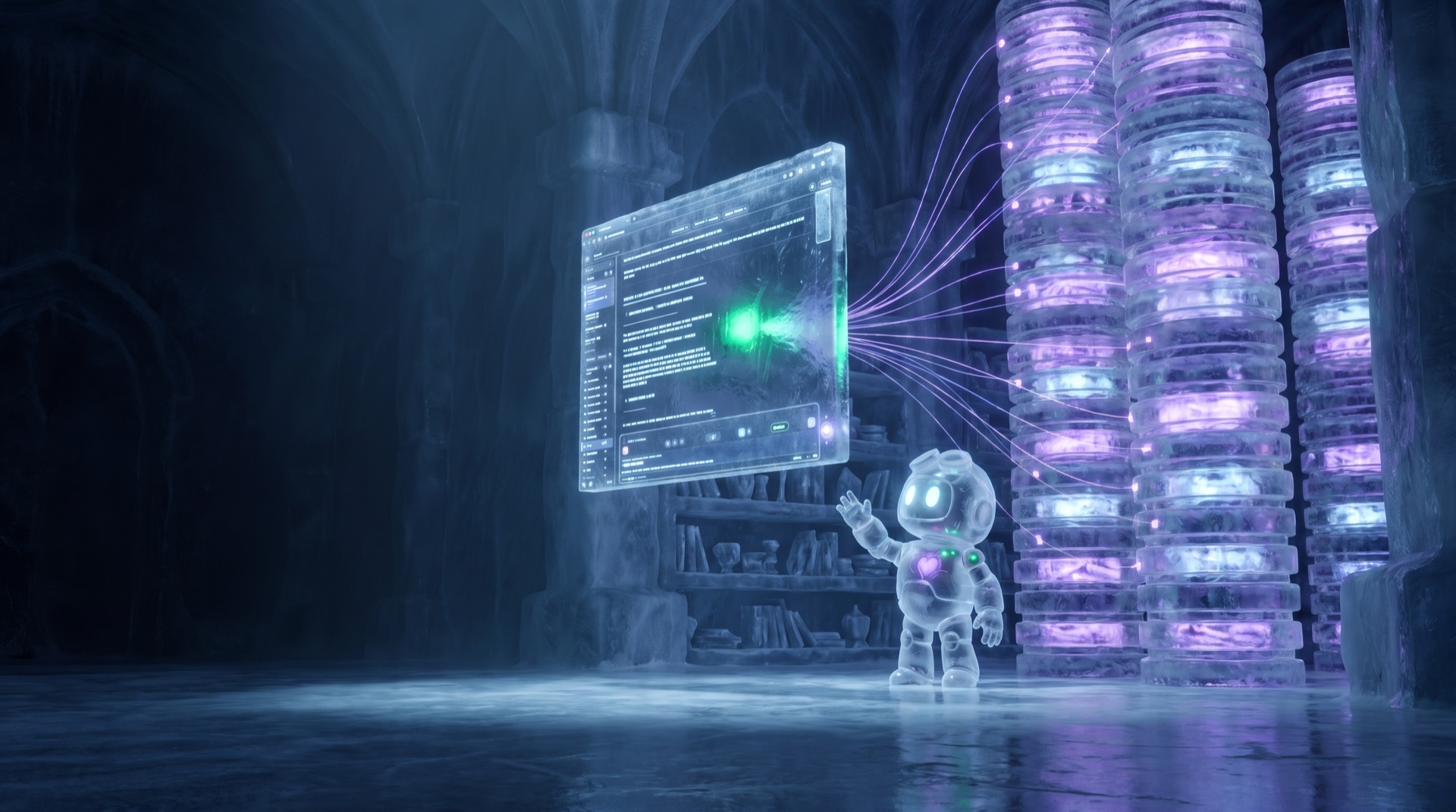 The Om-E ice robot in a glacial library of stacked glowing disc towers, summoning a floating search window as threads of light converge from the discs onto one glowing result
