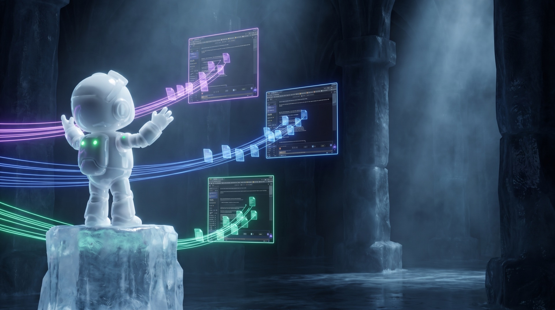 The Om-E ice robot conducting three browser windows riding their own glowing rails at different depths, documents pouring along the rails into each window at once