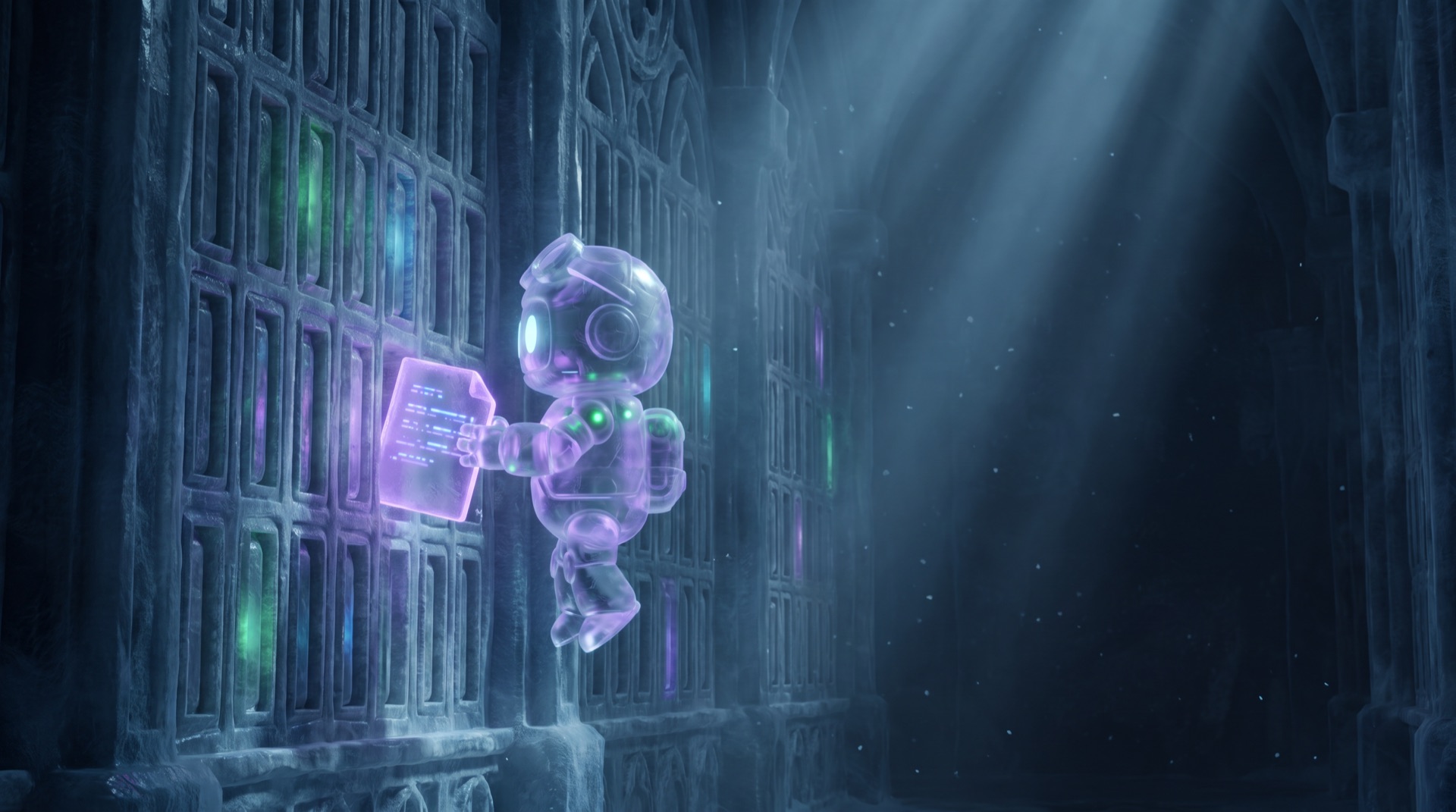 The Om-E ice robot sliding a glowing violet topic tablet into a tall carved archive wall of tablet slots, other saved topics glowing in cool hues around it