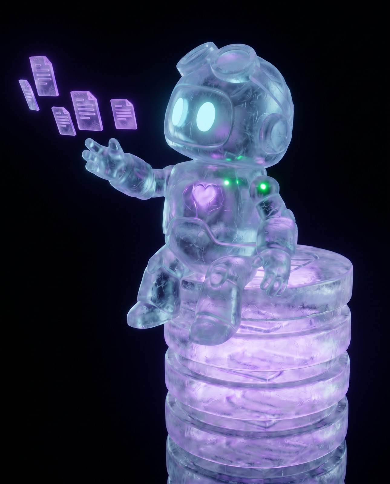 The Om-E robot carved from crystalline ice, sitting on a glowing tower of stacked knowledge-base discs, one arm raised toward the headline beside it with violet document tablets trailing from its open hand