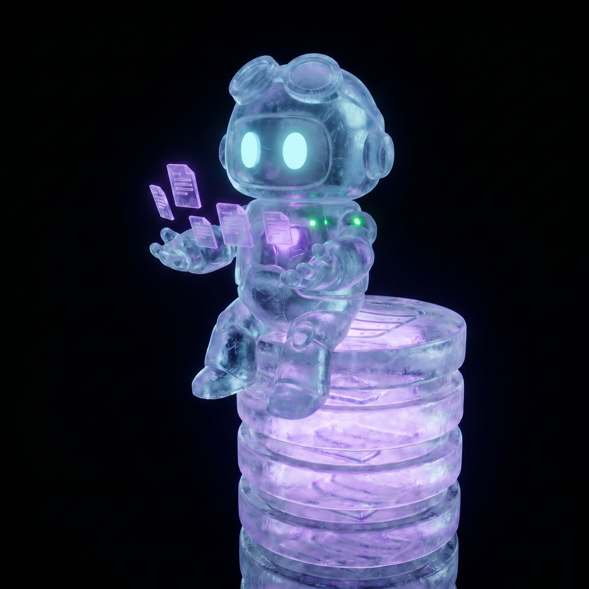 The Om-E robot carved from crystalline ice — goggles on its crown, glowing oval eyes, a violet heart in its chest — sitting on a glowing tower of stacked knowledge-base discs with violet document tablets floating above its open hands