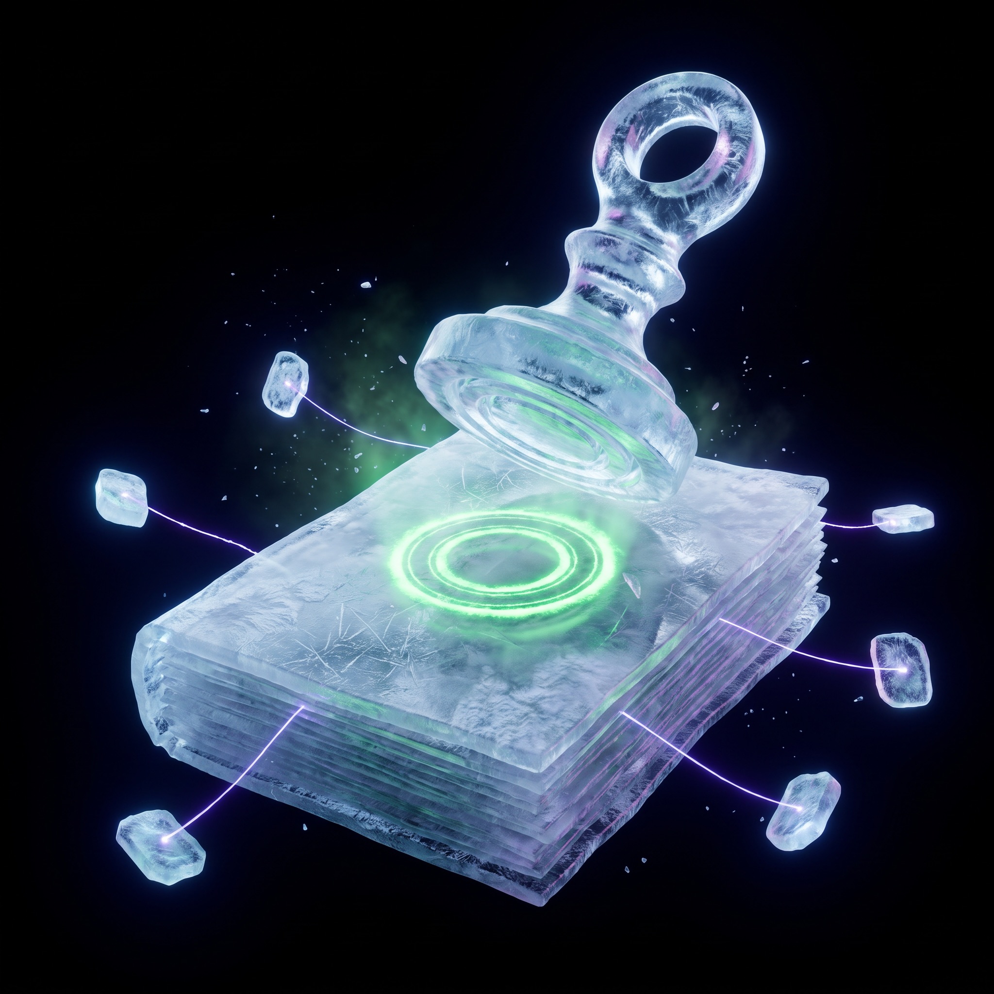 A great ice seal stamp lifting away from a stack of translucent pages, a fresh glowing green ring seal on the top page, violet citation threads running out to small floating source tablets