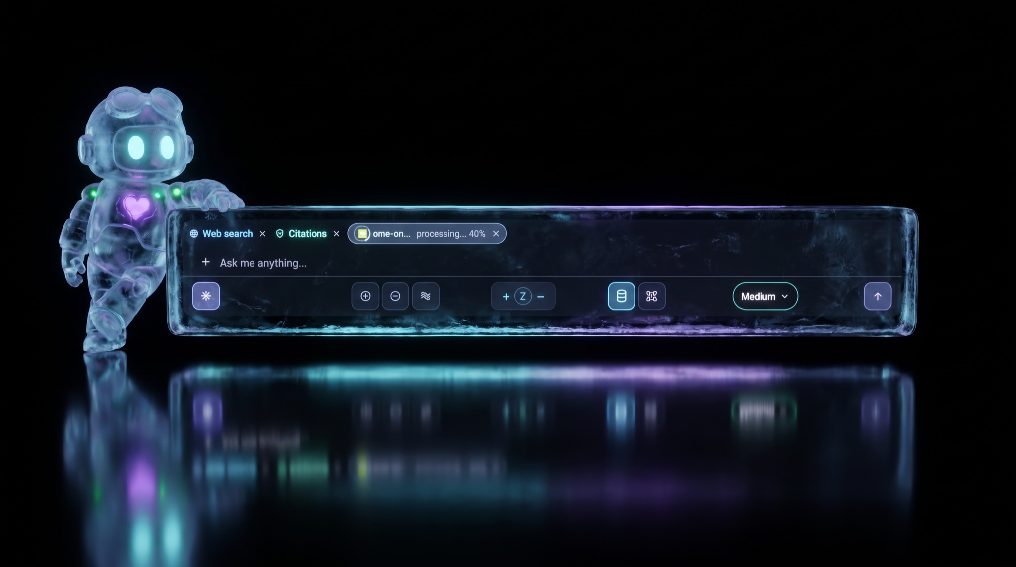 The real Om-E composer bar — Web search and Citations chips on, a file processing, effort at Medium — floating as a glass counter in the dark, the ice robot leaning on its end
