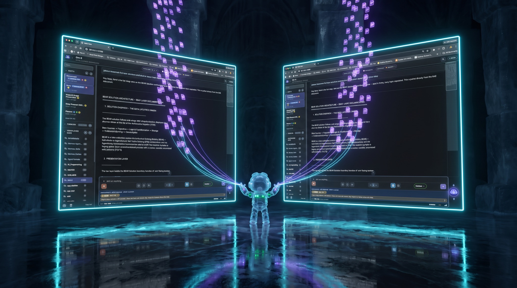 Two real Om-E browser windows streaming side by side in the ice hall, documents pouring into both, the ice robot conducting between them with threads of light to each panel