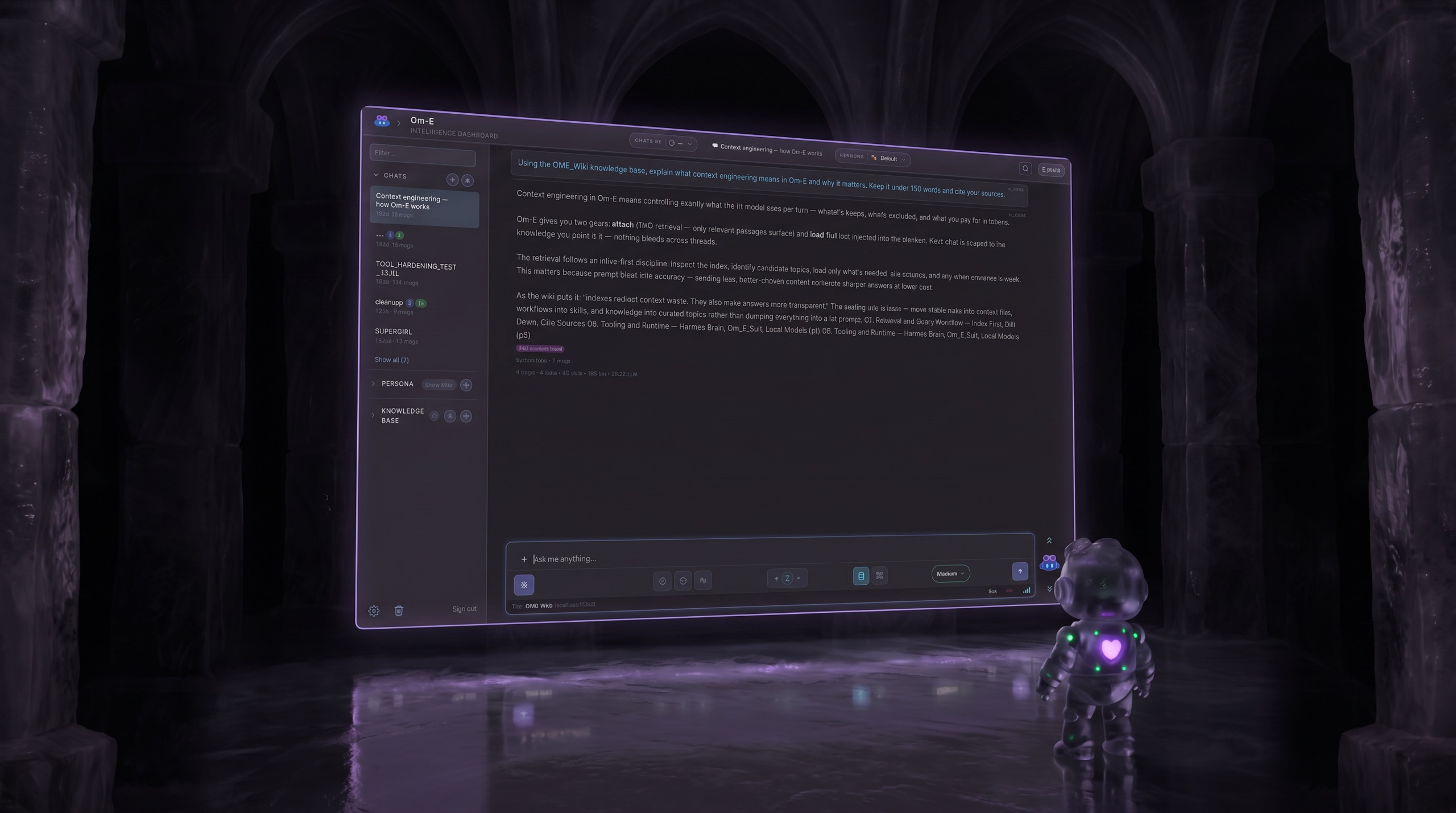 The real Om-E dashboard glowing as the single bright panel in a vast near-black glacial cathedral hall — chats and knowledge bases in the sidebar, a live agent answer in the main pane — the small ice robot watching from the shadows