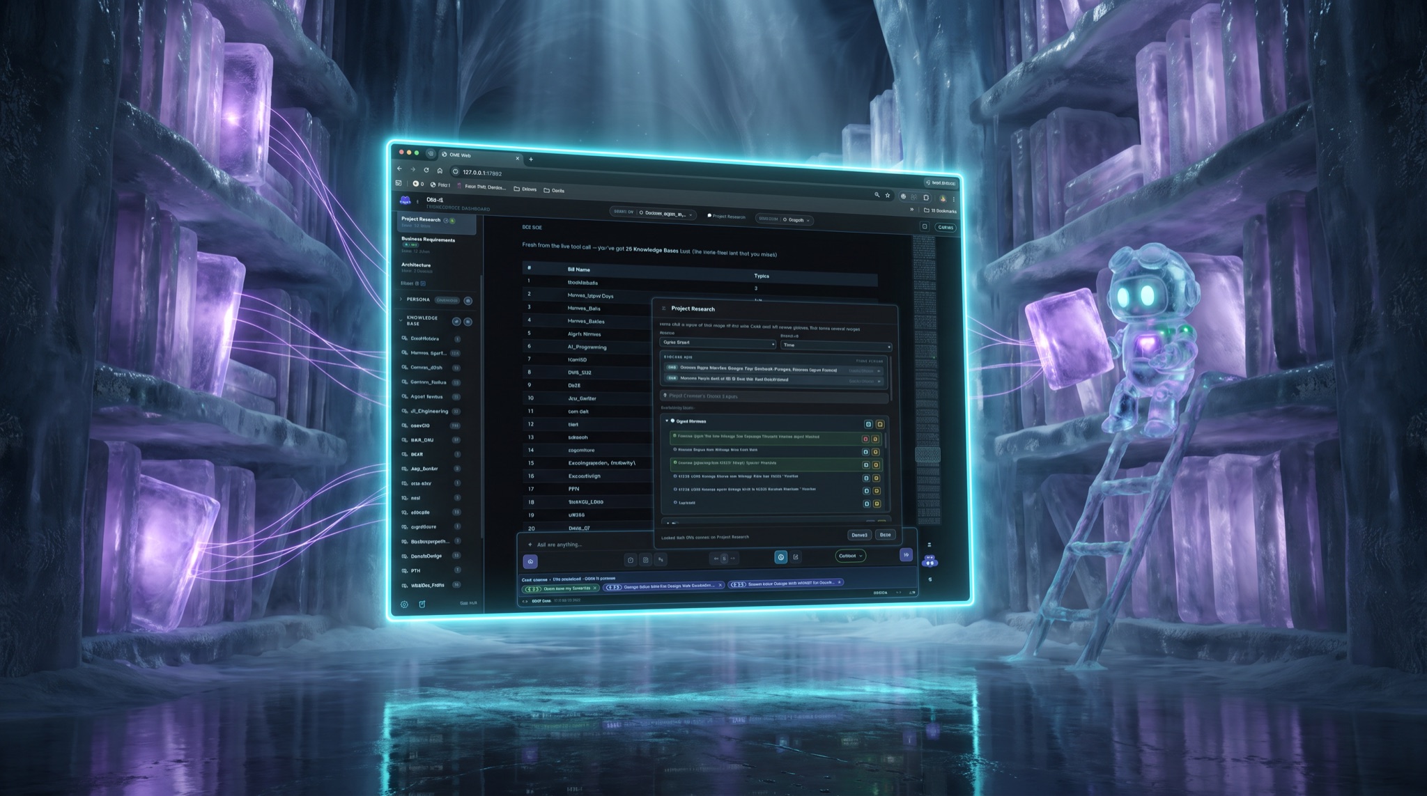 The real Om-E attach panel floating in the glacial knowledge library — threads of violet light flowing from the glowing shelf books into the chat's context, the ice robot on a ladder pulling one more book