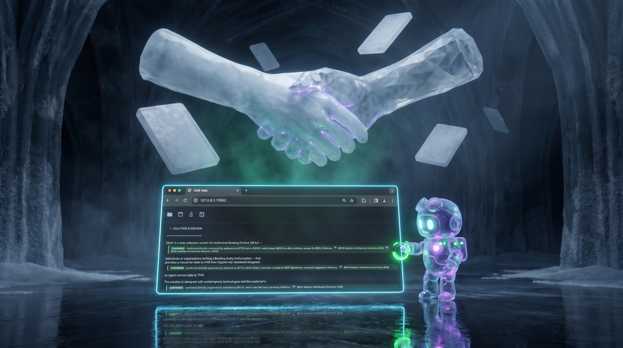 The real Om-E verification report with green CONFIRMED banners floating beneath a giant handshake carved from ice, the ice robot pressing an emerald seal onto the document's corner