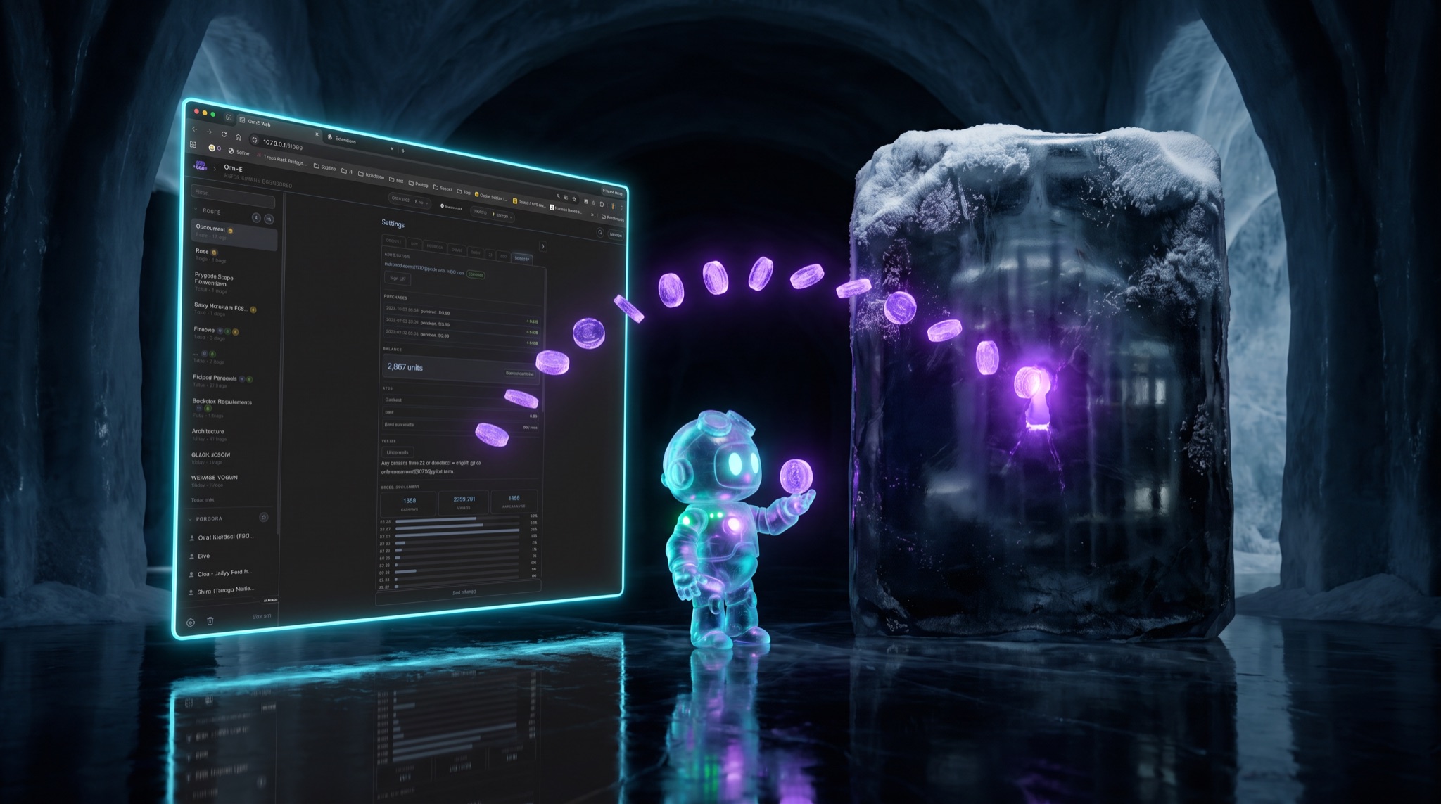 The real Om-E account panel — purchases, unit balance, usage chart — floating beside a sealed ice vault, glowing credit discs arcing from the vault's keyhole into the meter while the ice robot inspects one