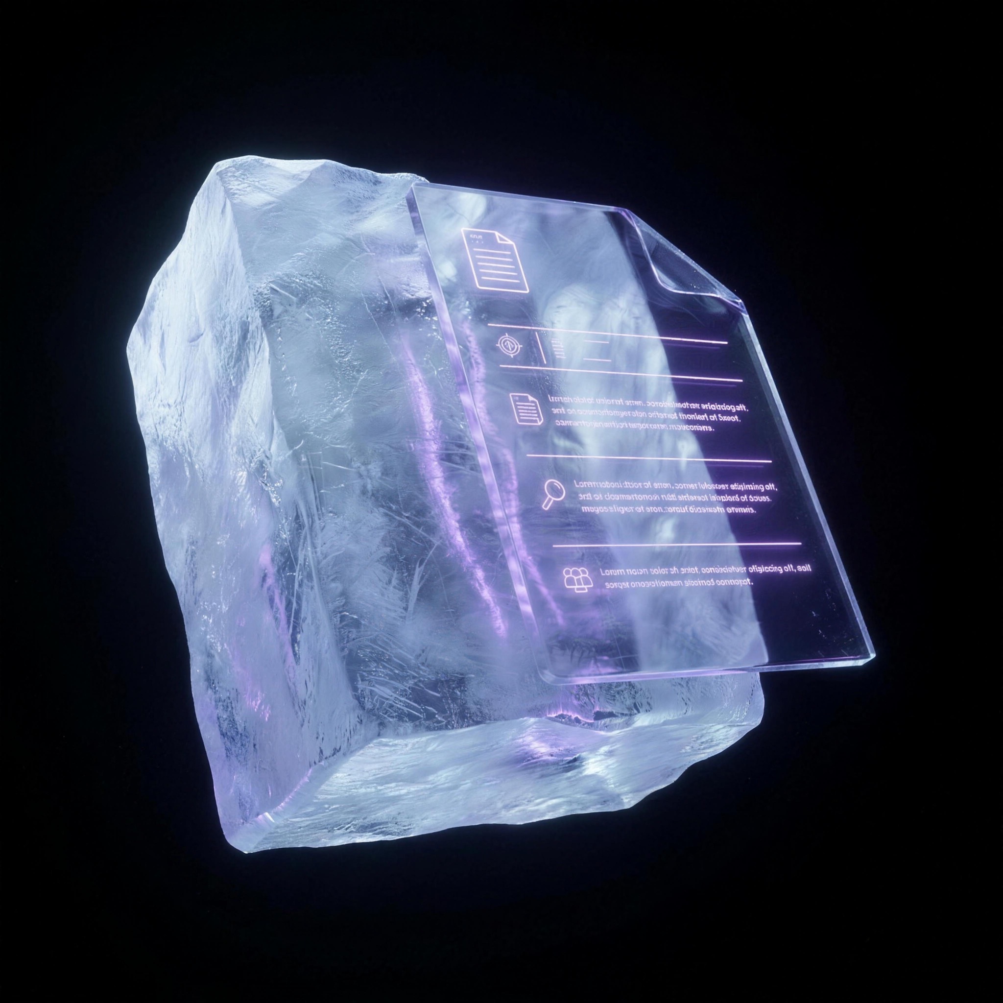 A polished ice document emerging fully formed from a rough ice block