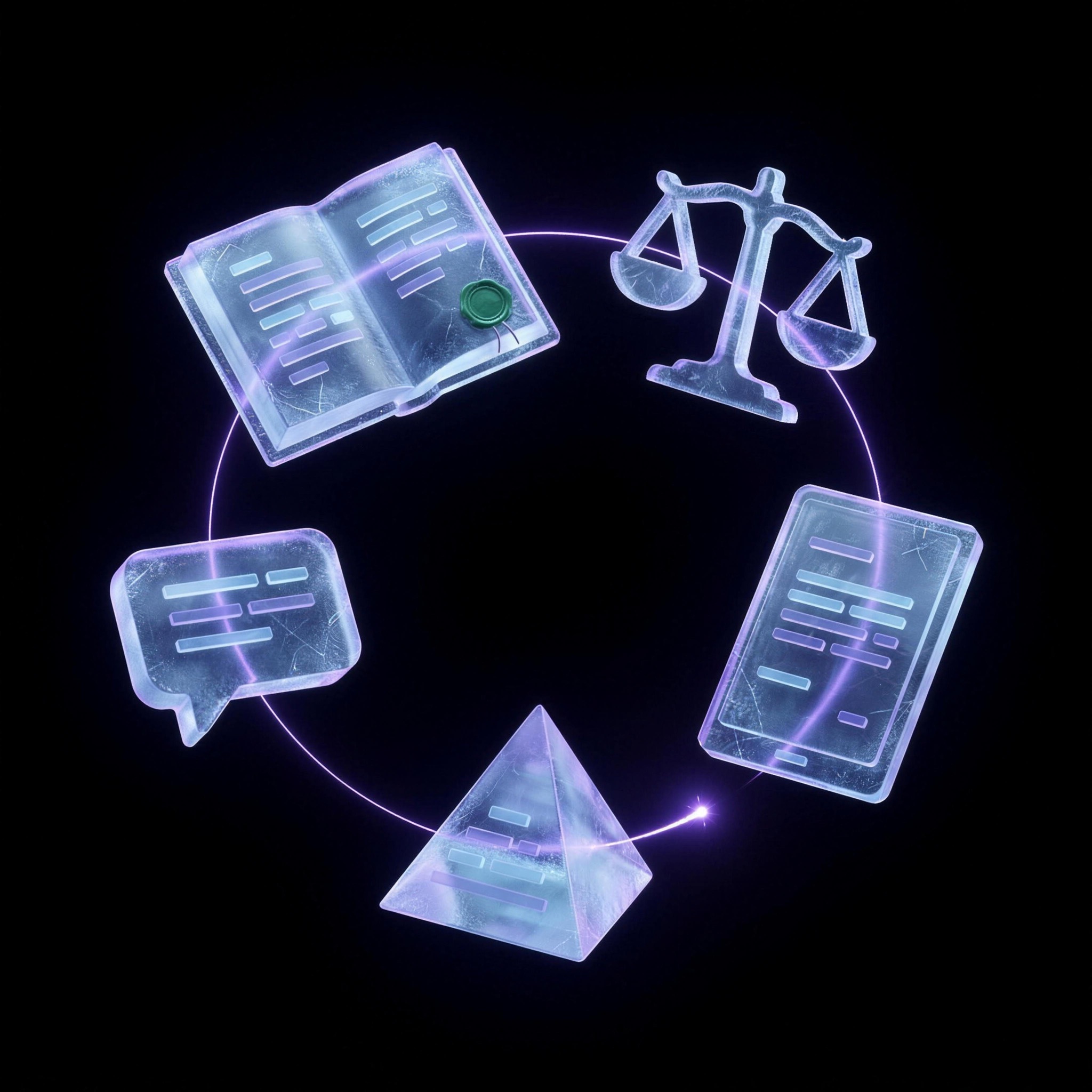 Five ice objects — a book, a scale, a document, a prism and a chat bubble — joined in a ring by one thread of violet light