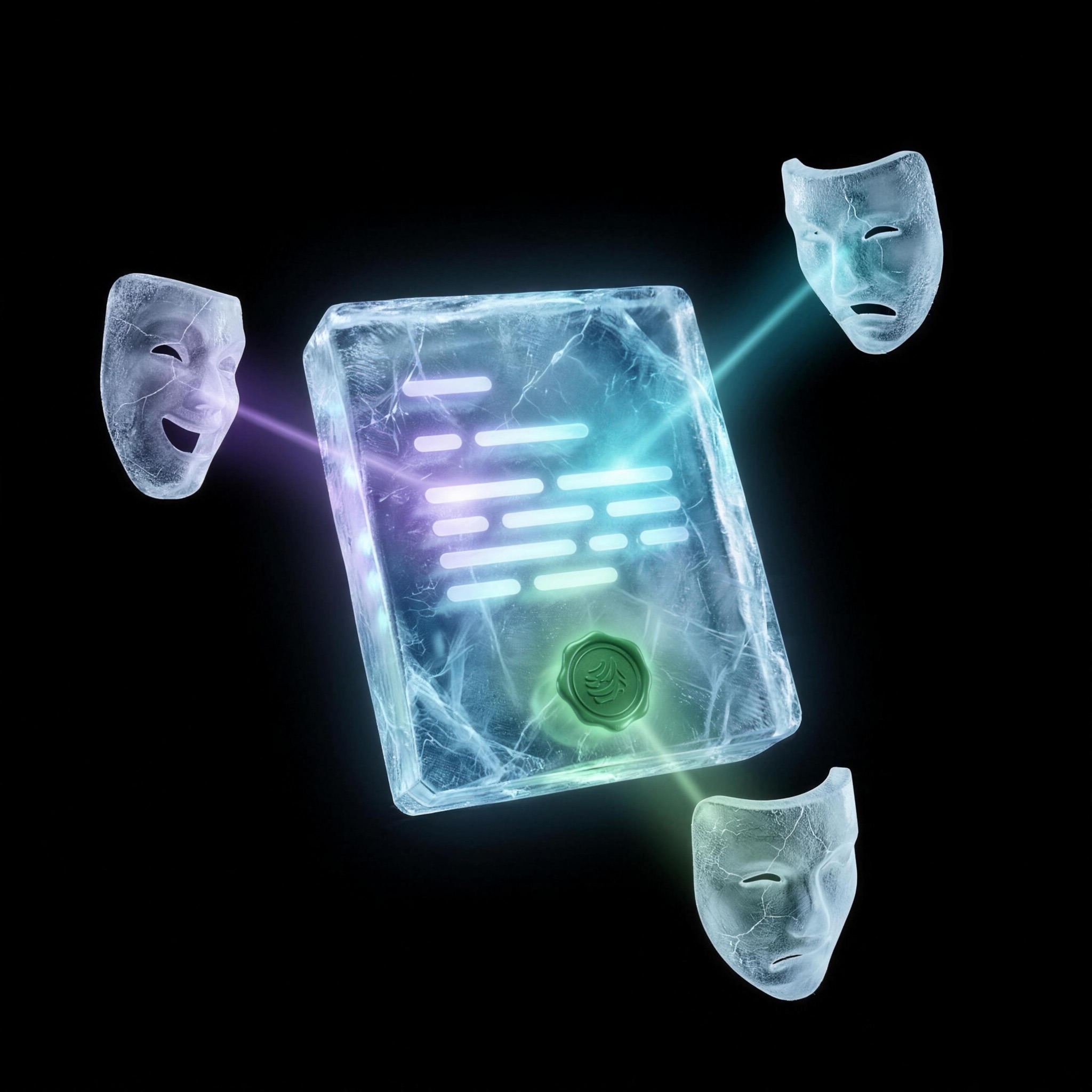 Three ice theatre masks casting violet, cyan and green beams onto one glowing document, each reading it differently
