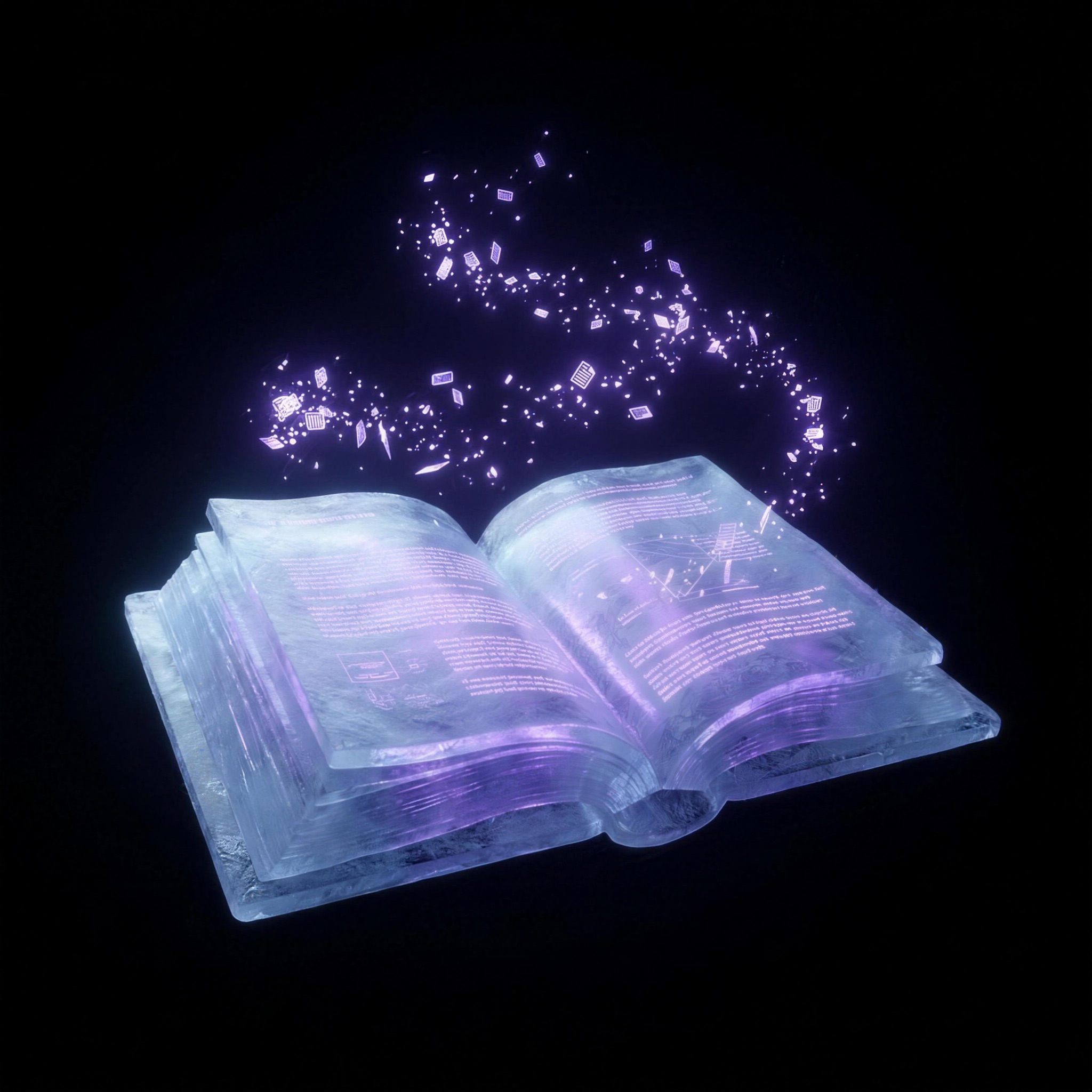 An open book carved from ice, its pages rising into an orbiting index of glowing shards