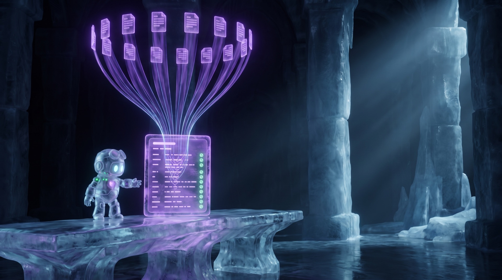 The Om-E ice robot presiding over a long ice table where a dozen glowing page slabs funnel down into one large report tablet carrying emerald confirmation seals