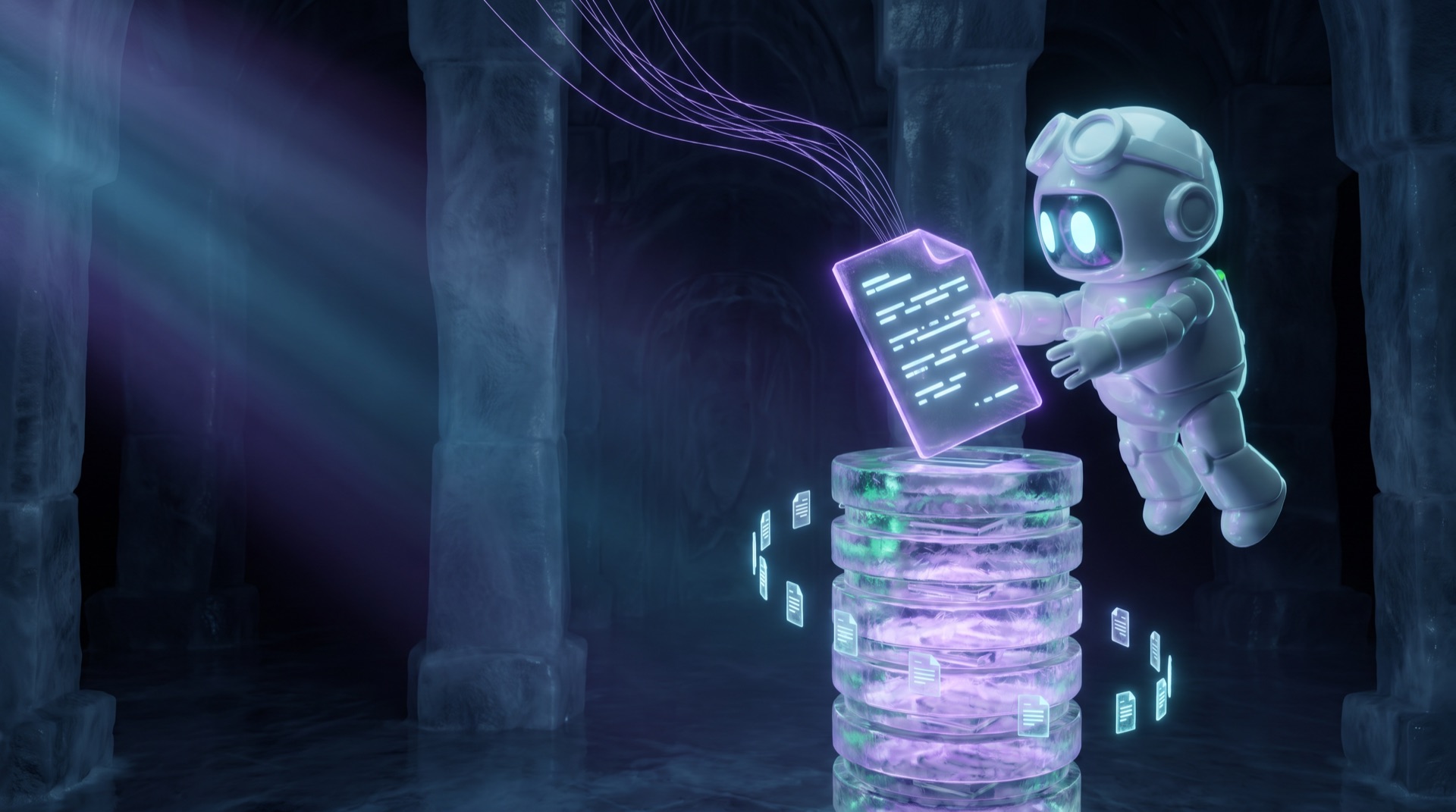 The Om-E ice robot guiding a glowing sealed report tablet down into a tower of stacked ice discs, violet citation threads still trailing from it into the dark