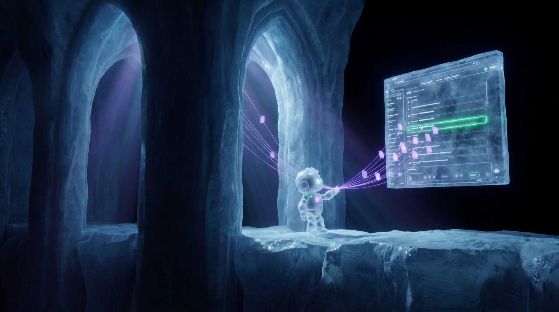 The Om-E ice robot at the edge of an ice ledge, casting violet threads of light out through a carved archway into black space, glowing page beads returning into a floating search-results window